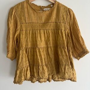 Doen Yellow Pleated 3/4 Sleeve Blouse